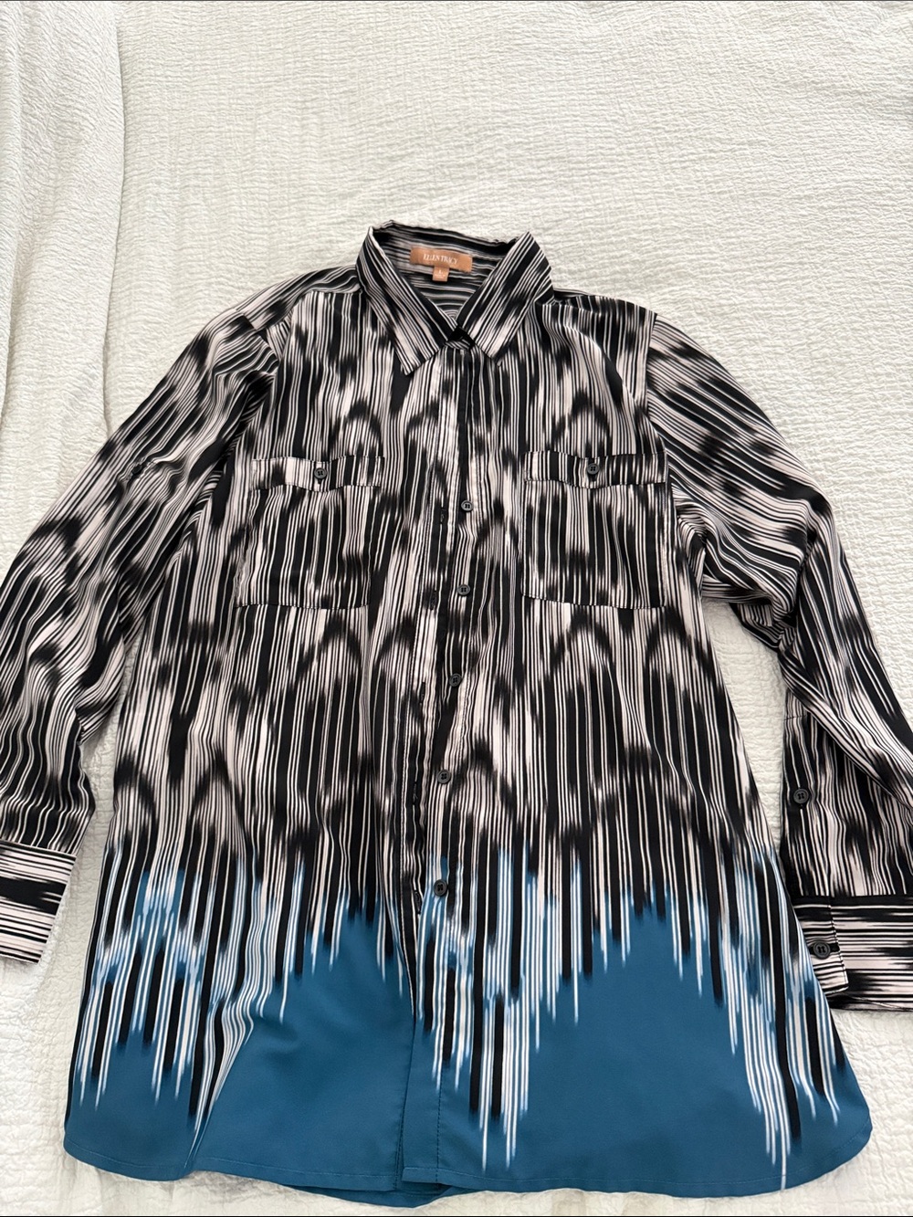Ellen Tracy Black White & Teal Drip-Stripe Button Down Shirt